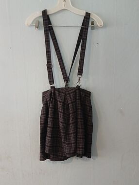 Hot Topic Grey Plaid Skirt With Suspenders